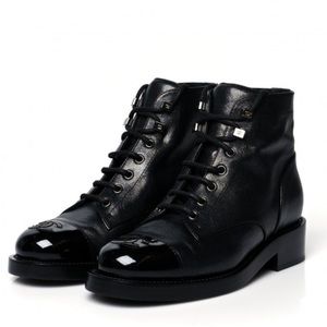 Chanel Iridescent Calfskin Patent Cap Toe Combat Boots